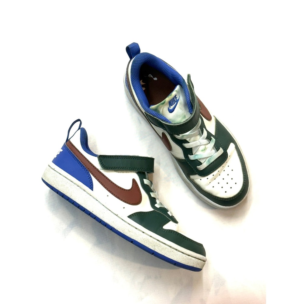 NIKE Court Borough Boys 2 Green Blue White Low Top No Tie Leather Sneakers Box 3